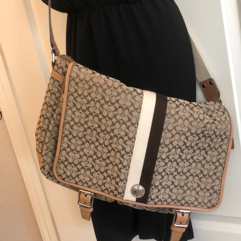 Coach khaki/camel, leather trim messenger crossbody bag, NO BOX/DUST BAG, used